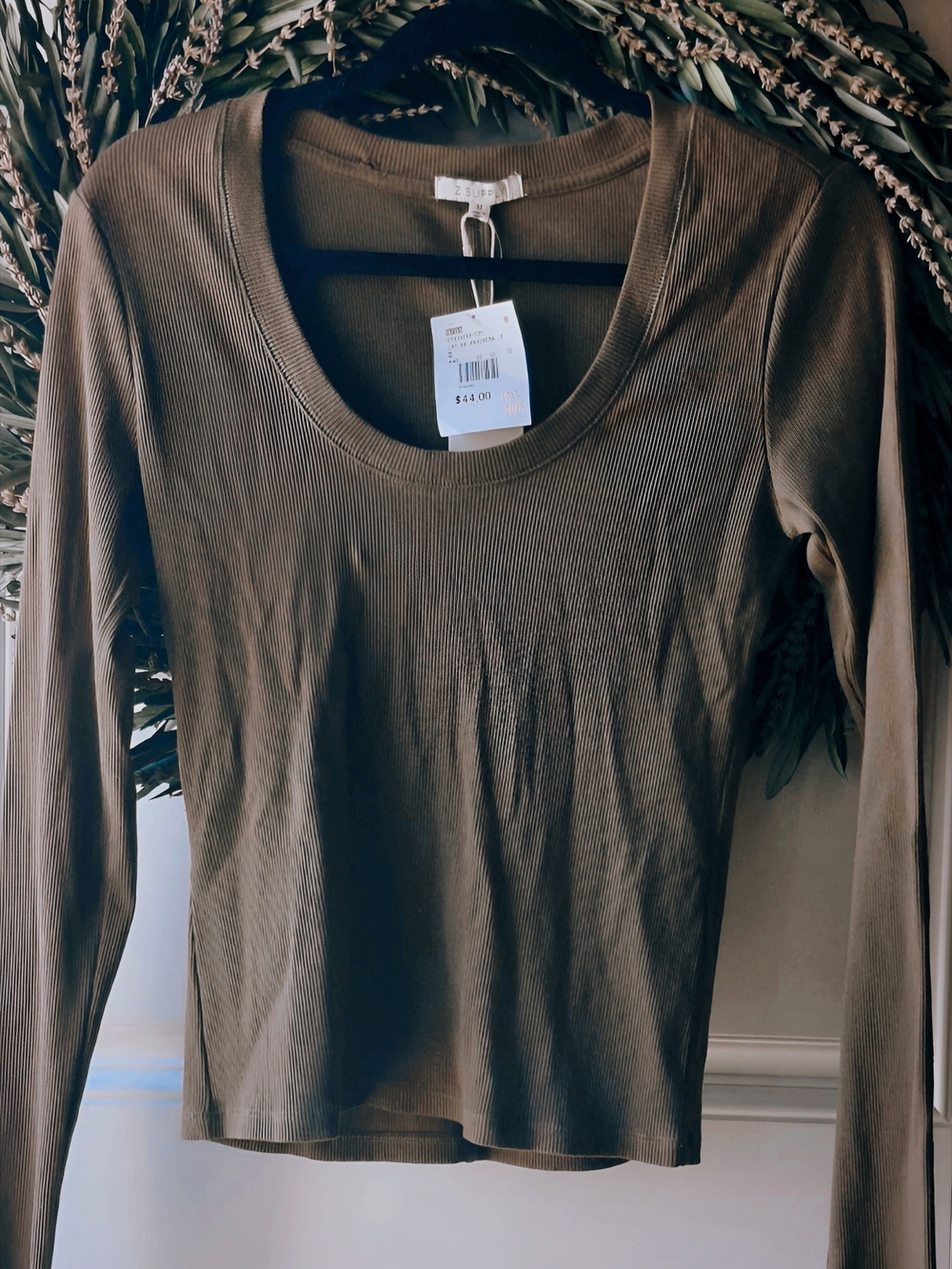 Women's Ribbed Scoop Neck Long Sleeve Top - Olive